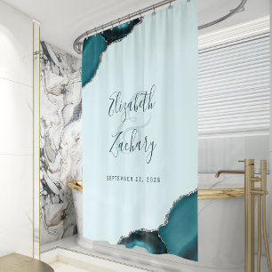 Elegant Pale Teal Agate Silver Newlywed Wedding Shower Curtain