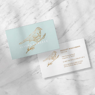 Elegant Pale Teal & Gold Perched Bird Business Card