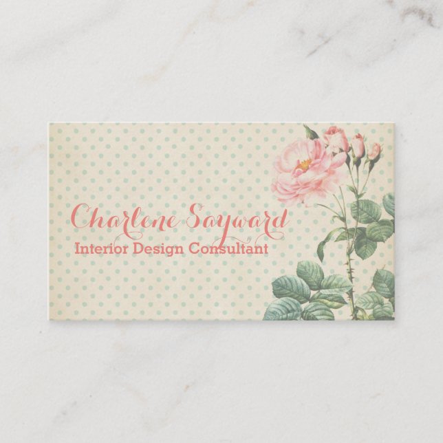 Elegant Pale Yellow Blue Polka Dots English Rose B Business Card (Front)