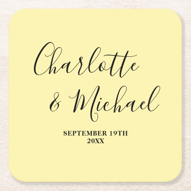Elegant Pale Yellow Script Minimalist Wedding Square Paper Coaster (Front)