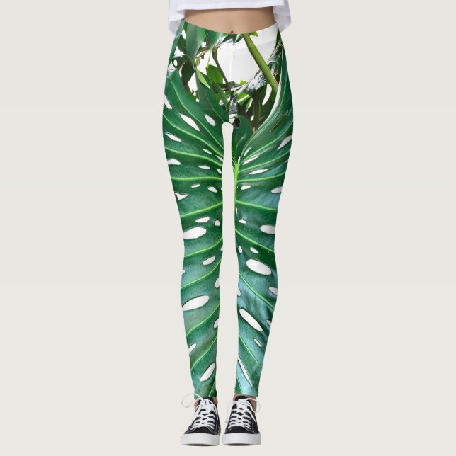 Elegant Palm Leaf tropical jungle rainforest leaf Leggings (Front)