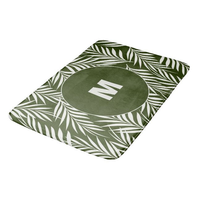 Elegant Palm Leaves Dark Green Monogrammed Bath Mat (Angled)
