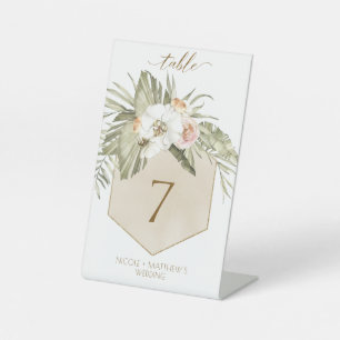 Elegant Palm Leaves Floral Cream Table Number Pedestal Sign