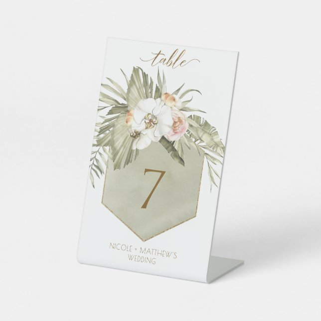 Elegant Palm Leaves Floral Green Table Number Pedestal Sign (Front)