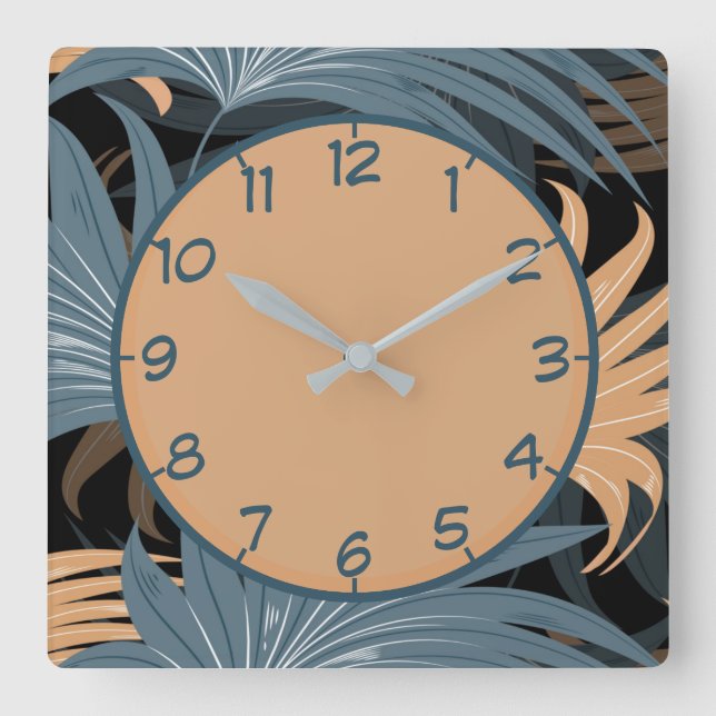 Elegant Palm Leaves Foliage Grey Beige Pattern Square Wall Clock (Front)