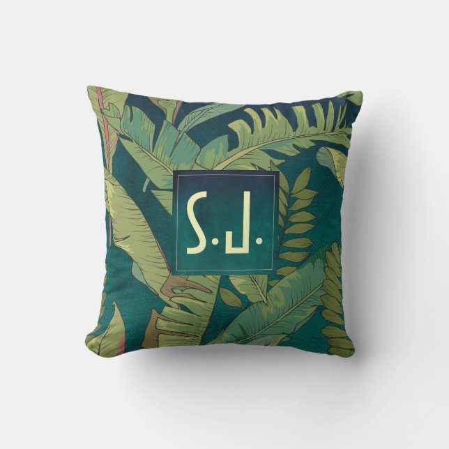 Elegant Palm Leaves on Teal Watercolor Monogram Cushion (Front)
