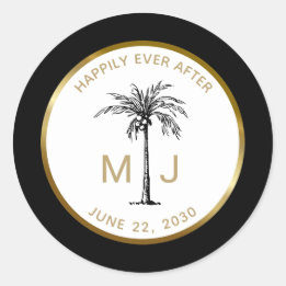 Elegant Palm Tree Gold Monogram Tropical Wedding Classic Round Sticker