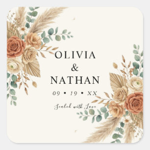 Elegant Pampas Boho Floral Wedding Square Sticker