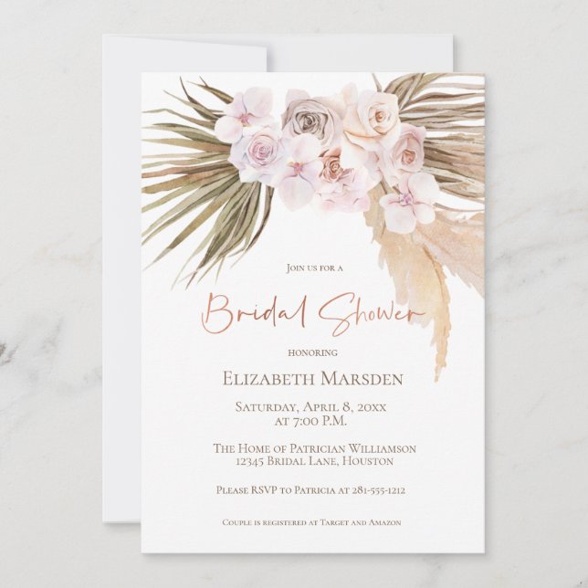 Elegant Pampas Grass Blush Champagne Shower Invitation (Front)