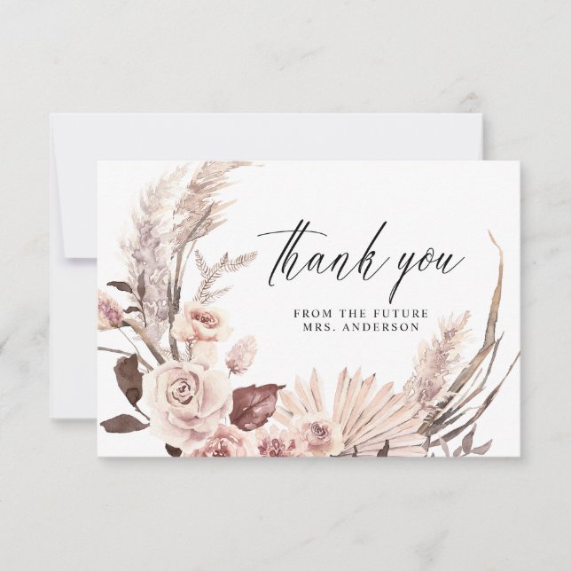 Elegant Pampas Grass Boho  Floral Bridal Shower  Thank You Card (Front)