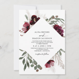 Elegant Pampas Grass Burgundy Roses Wedding Invita Invitation