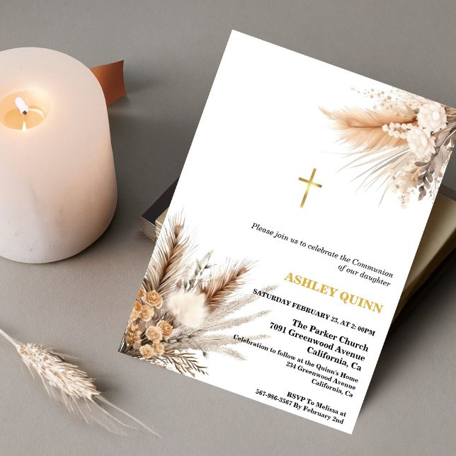Elegant Pampas Grass Cross First Communion Invitation (Creator Uploaded)