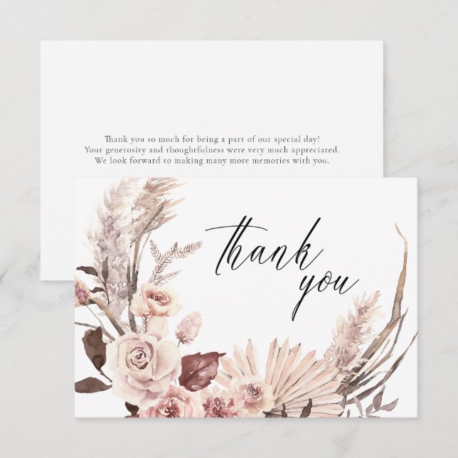 Elegant Pampas Grass Floral Cream Flowers Wedding  Thank You Card (Front/Back)
