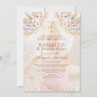 Elegant Pampas Grass Floral Primer Añito Bautizo Invitation