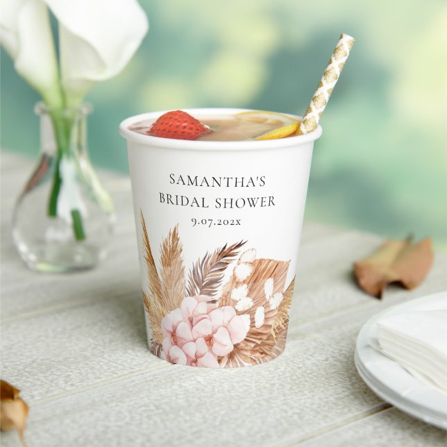 Elegant Pampas Grass Pink Floral Modern Paper Cups (Insitu)