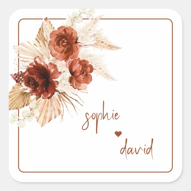 Elegant Pampas Grass Terracotta Floral Wedding Square Sticker (Front)