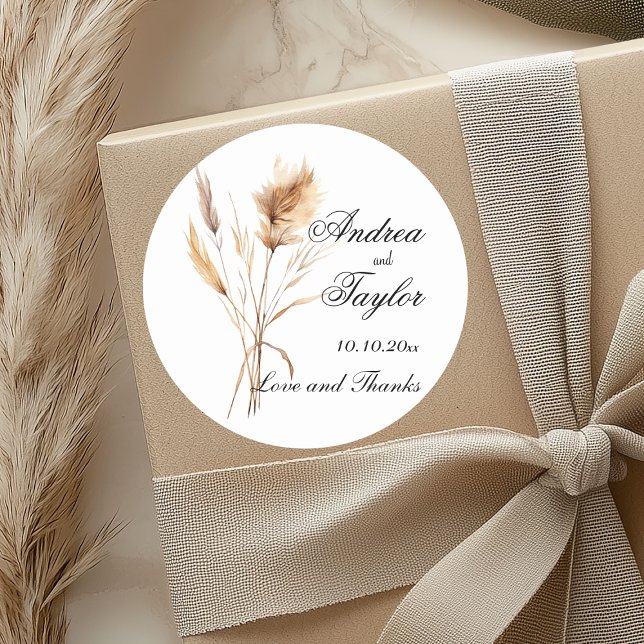Elegant Pampas Grass Wedding Classic Round Sticker (Creator Uploaded)
