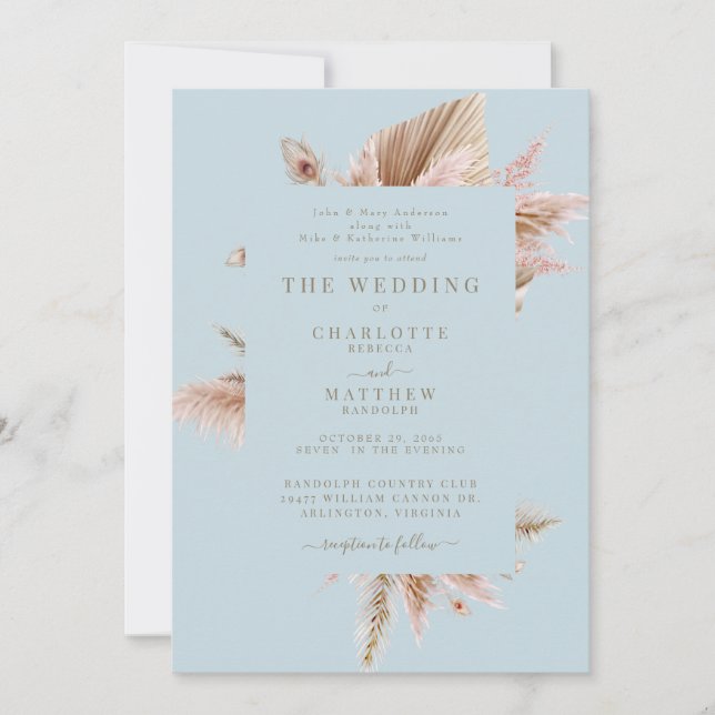 Elegant Pampas Mint Wedding Invitation (Front)