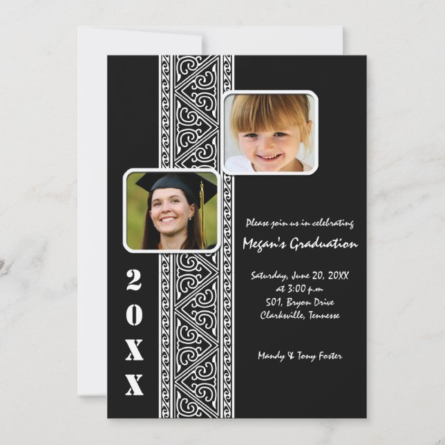 Elegant panel -Black Graduation Party invites (Front)