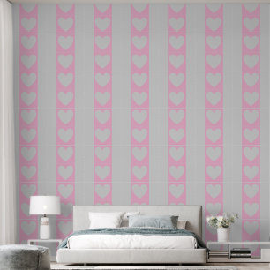 Elegant Panels of Pink Hearts & Grey Stripes Wallpaper