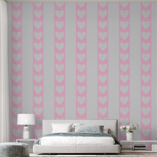 Elegant Panels of Pink Hearts & Grey Stripes Wallpaper (Bedroom)