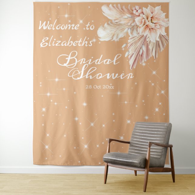 Elegant papas grass bridal shower beige floral tapestry (In Situ)