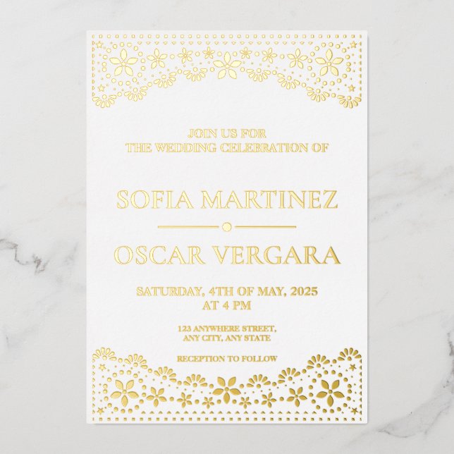 Elegant Papel Picado White and Gold Wedding (Front)