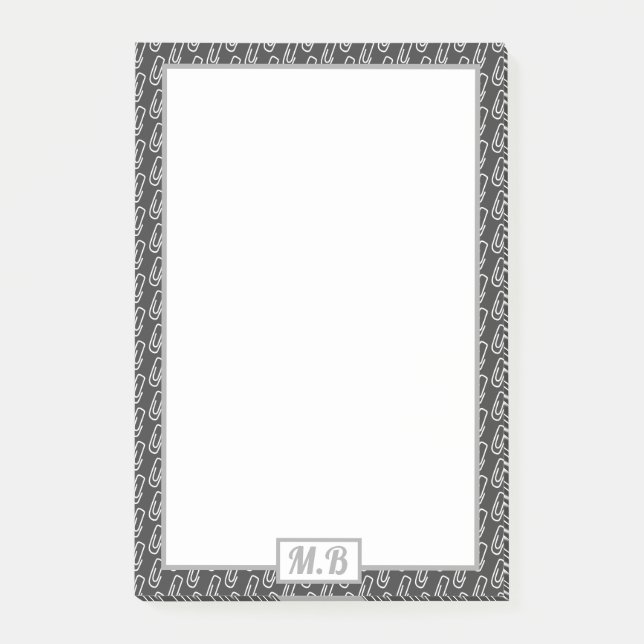 Elegant Paperclip Black and White Pattern Monogram Post-it Notes (Front)