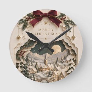 Elegant Papercut Christmas ,Layered Winter holiday Round Clock
