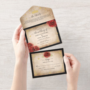 Elegant Parchment Red Rose Wedding Real Gold Foil All In One Invitation