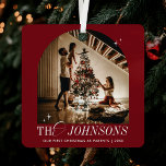 Elegant Parents First Christmas Photo Red Script Metal Tree Decoration<br><div class="desc">Elegant photo holiday ornament design in festive red and white with nostalgic script fonts. This fully editable Christmas ornament design includes space for one photo, your family name as well as space to add your personalised message - can be used for your first Christmas as parents, grandparents, married or as...</div>