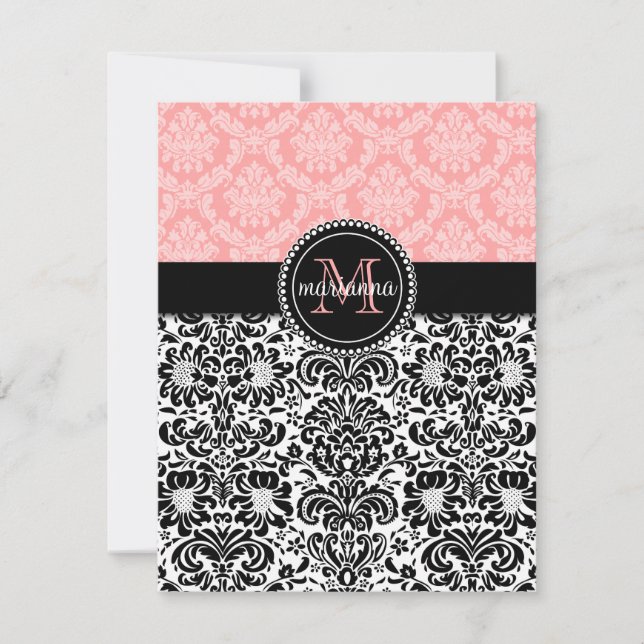 Elegant Paris Baby Pink Black Damask Personalised Note Card (Front)