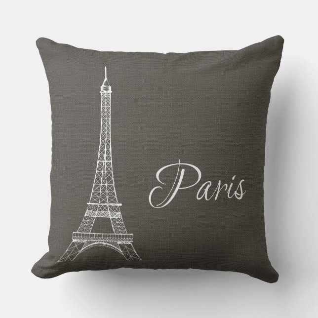 Elegant Paris Eiffel Tower Dark Grey Burlap Look Cushion (Front)