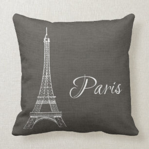 Elegant Paris Eiffel Tower Dark Grey Burlap Look Cushion