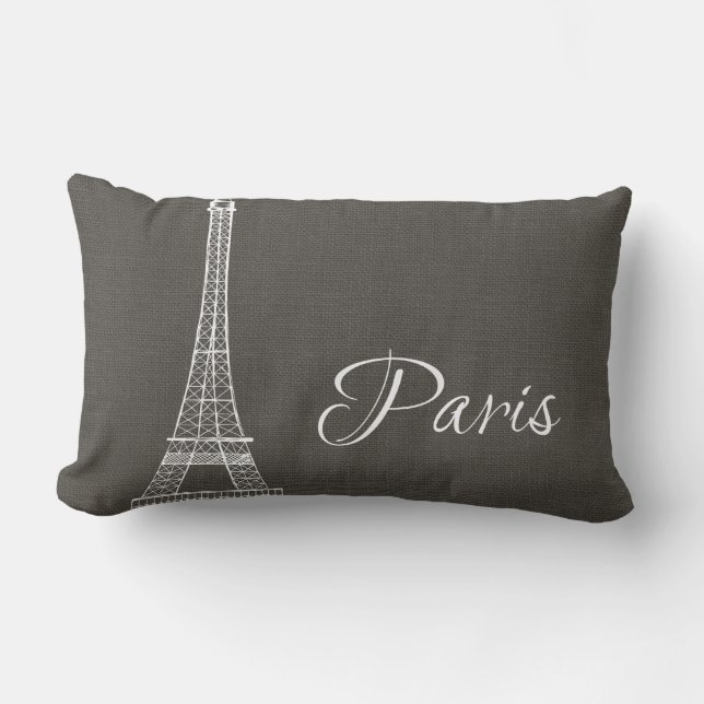 Elegant Paris Eiffel Tower Dark Grey Burlap Look Lumbar Cushion (Front)