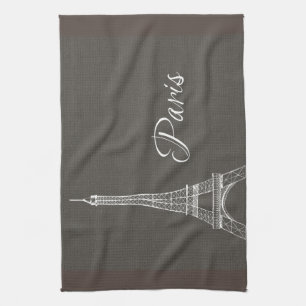 Elegant Paris Eiffel Tower Dark Grey Burlap Look Tea Towel