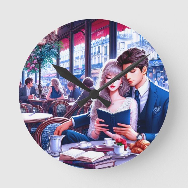 Elegant Parisian Cafe Date: A Romantic Escape Round Clock (Front)
