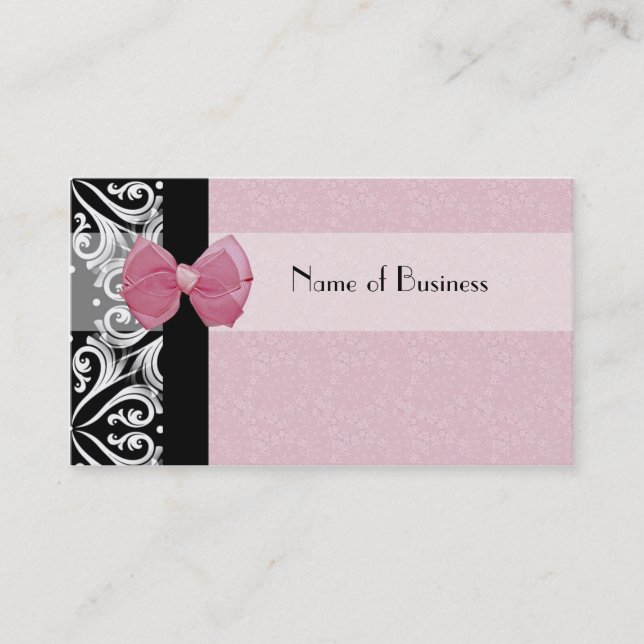 Elegant Parisian Damask Pink Ribbon Business Card (Front)