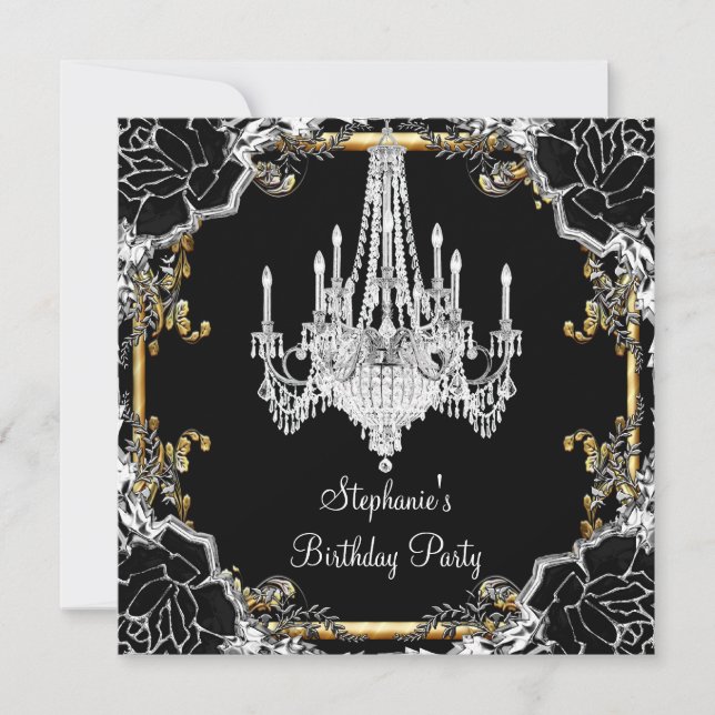 Elegant Party Black Silver Gold Crystal Chandelier Invitation (Front)