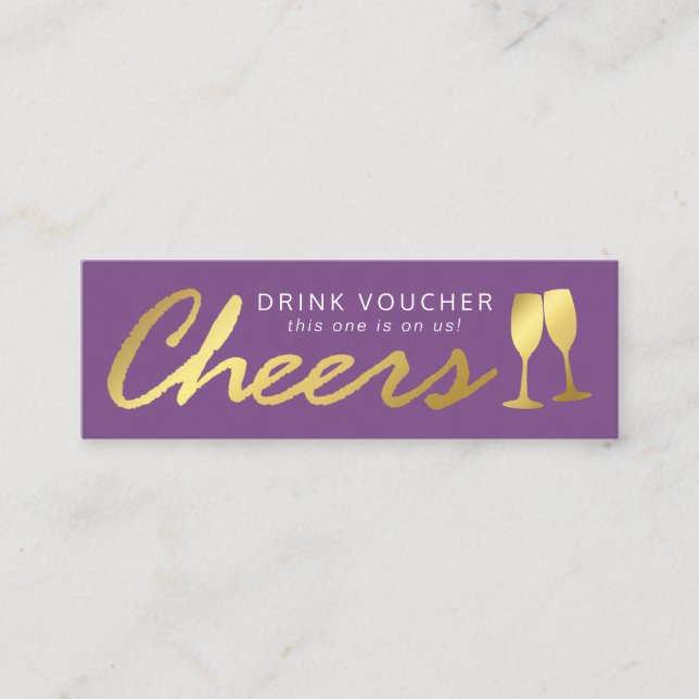 Elegant Party Free Drink Voucher | Purple Gold Mini Business Card (Front)