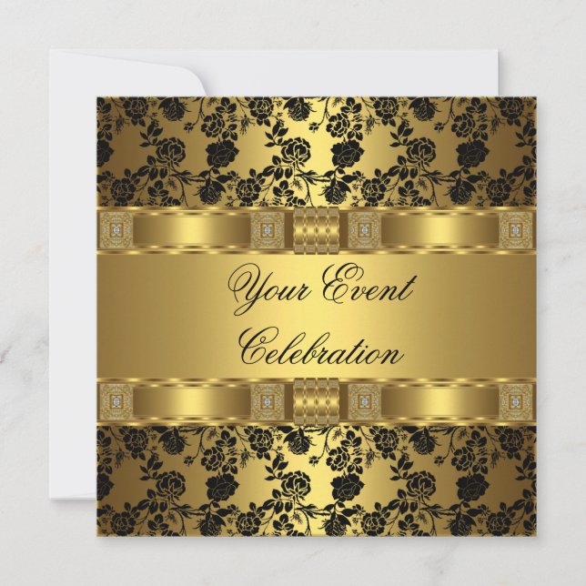Elegant Party Gold Black Floral Invitation (Front)