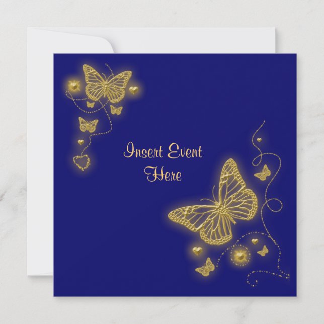 Elegant party gold butterfly heart blue royal invitation (Front)