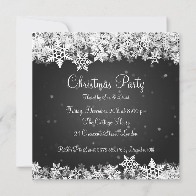 Elegant Party Invitation Winter Snowflakes Black (Front)