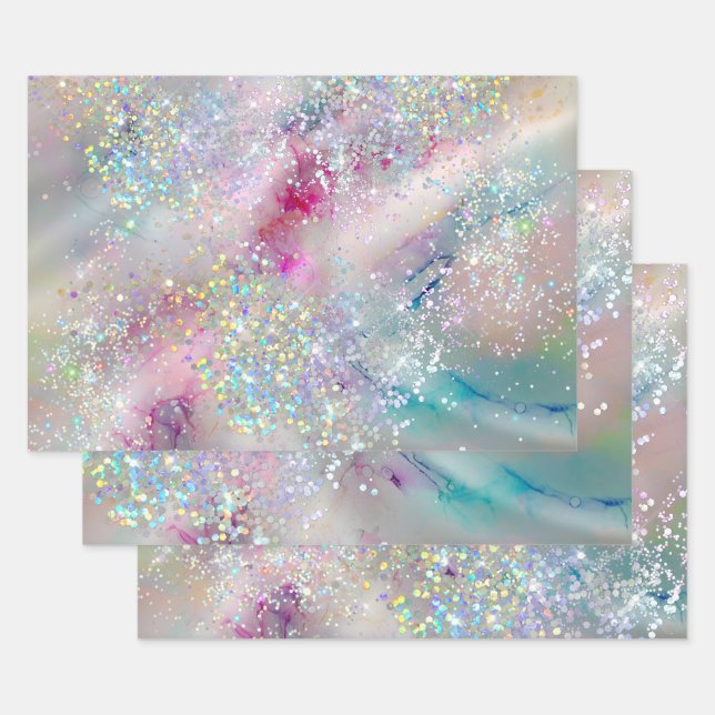Elegant Pastel Alcohol Ink Holographic Glitter Wrapping Paper Sheet (Set)