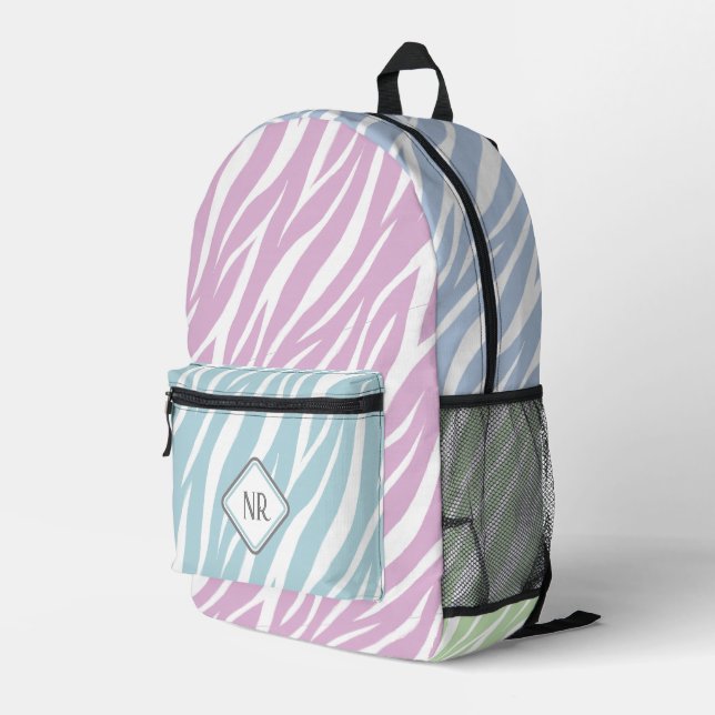  Elegant Pastel And White Zebra Print Add Monogram Printed Backpack (Back Corner Right)