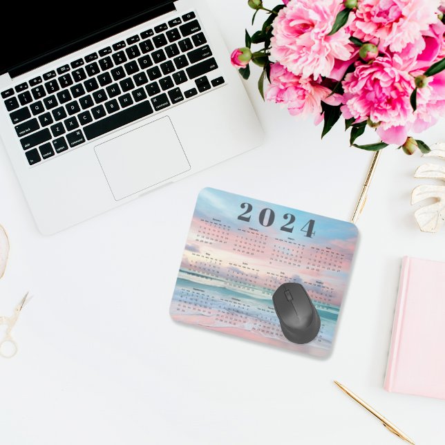 Elegant Pastel Beach Sunset 2024 Year Calendar Mouse Mat (Creator Uploaded)