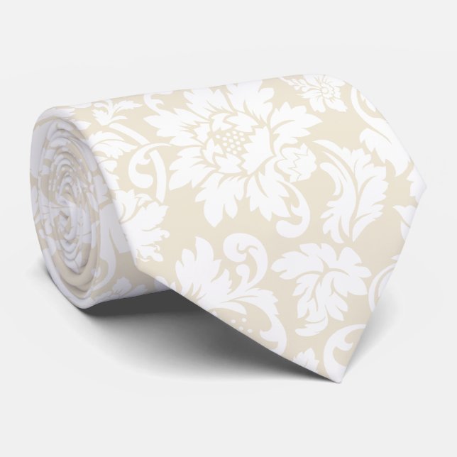 Elegant Pastel Beige And White Floral Damasks Tie (Rolled)