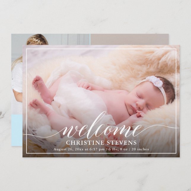 Elegant Pastel Blue 3 Photo Birth Announcement (Front/Back)