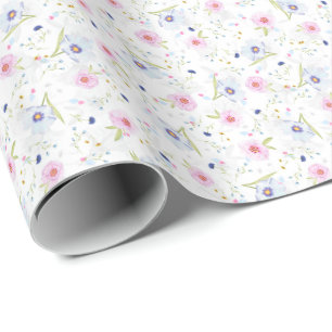 Elegant Pastel Blue and Pink Flowers Floral Wrapping Paper