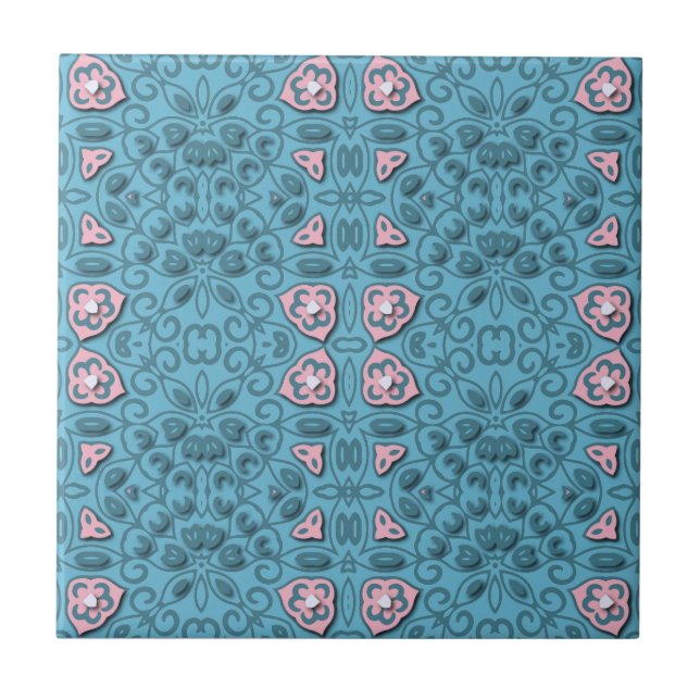 Elegant Pastel Blue and Pink Modern Damask Pattern Tile (Front)